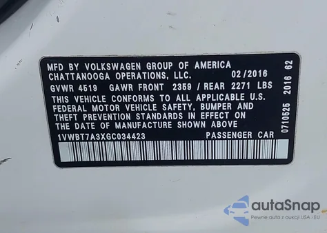 2016 Volkswagen Passat 1.8T Se из США, поврежденный, VIN 1VWBT7A3XGC034423